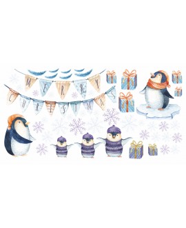 Naklejka na ścianę dla dzieci pingwinki święta prezenty śnieżynki piórka studiograf