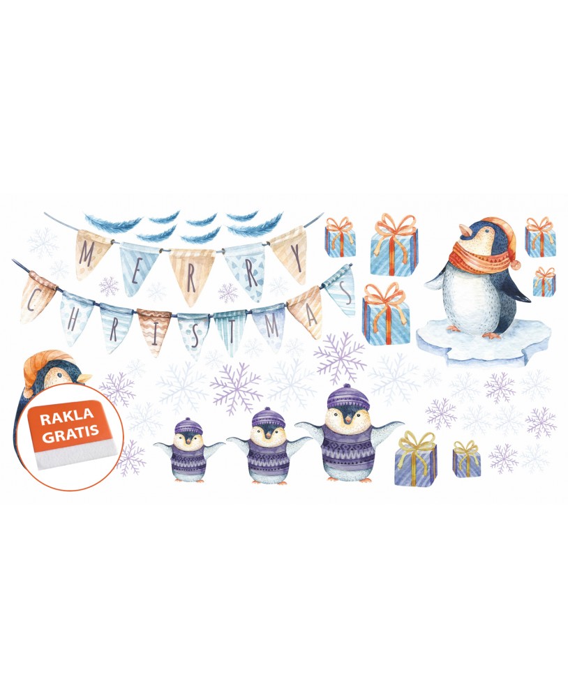 Naklejka na ścianę dla dzieci pingwinki święta prezenty śnieżynki piórka studiograf