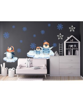 Naklejka na ścianę dla dzieci pingwinki zima śnieżynki bombki święta studiograf