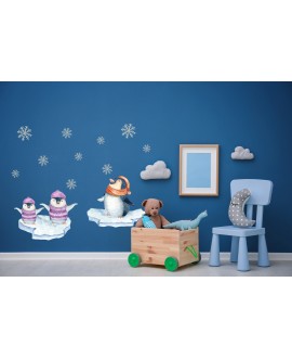 Naklejka na ścianę dla dzieci pingwinki śnieżynki listki zima święta studiograf