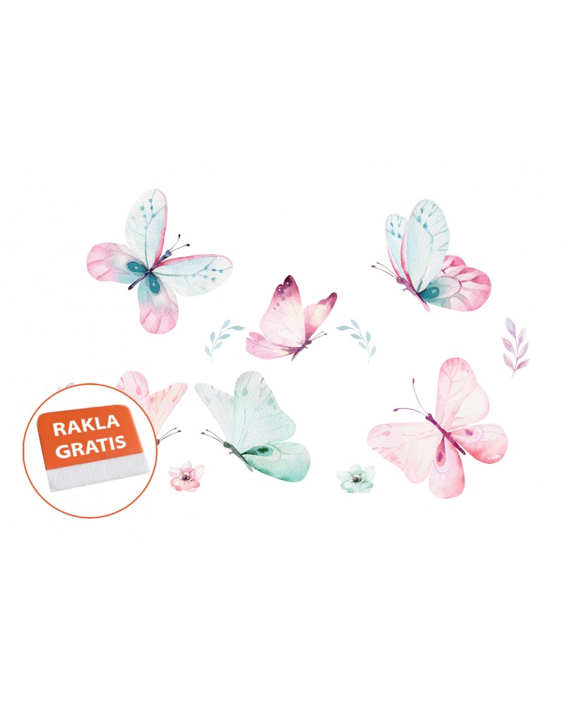 Naklejka na ścianę dla dzieci różowe niebieskie motyle motylki kwiatki listki studiograf