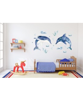 Naklejka na ścianę dla dzieci niebieskie delfiny