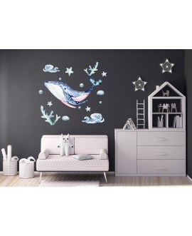 Naklejka na ścianę dla dzieci wieloryb morze ocean gwiazdki fale studiograf