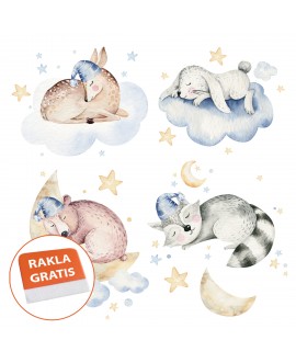 Naklejka na ścianę dla dzieci śpiące zwierzątka chmurki króliczek sarenka niedźwiadek studiograf