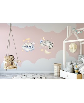 Naklejka na ścianę dla dzieci śpiące zwierzątka chmurki króliczek szop chmurki gwiazdki studiograf