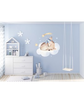 Naklejka na ścianę dla dzieci śpiące zwierzątka jelonek na chmurce gwiazdki studiograf