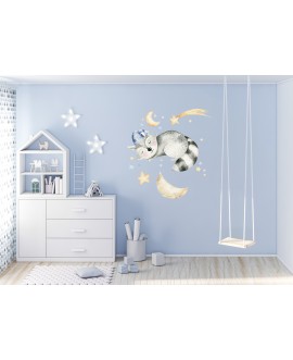 Naklejka na ścianę dla dzieci śpiące zwierzątka szop chmurki gwiazdki studiograf