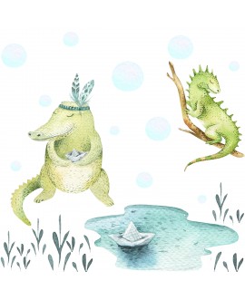 Naklejka na ścianę dla dzieci pastelowe krokodyl jaszczurka bąbelki jezioro studiograf
