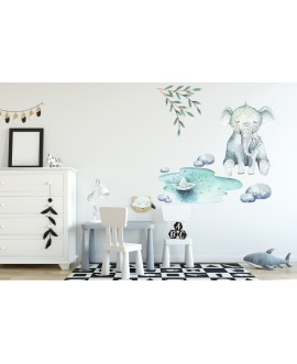 Naklejka na ścianę dla dzieci szary słoń jezioro papierowa łódka kamienie studiograf