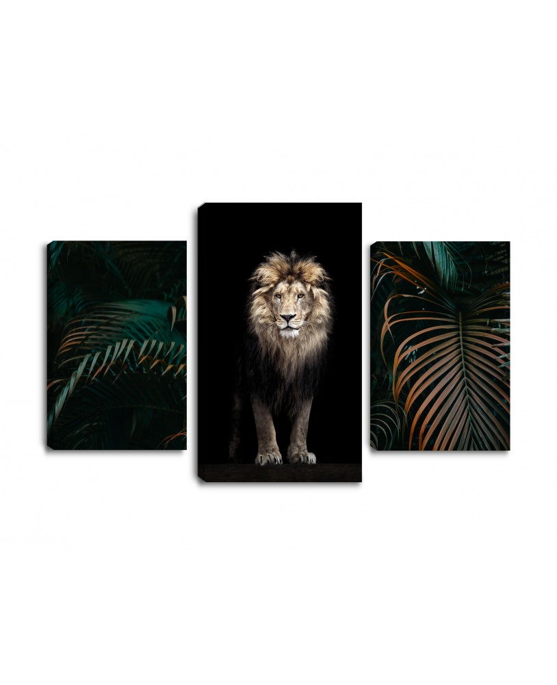 Obraz na płótnie canvas tryptyk potrójny obraz lew czerń liście dżungla studiograf