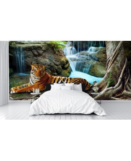 Fototapeta 3D na ścianę  na wymiar  fizelinowa tygrys wodospad dżungla drzewa studiograf