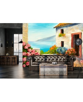 Fototapeta 3D na ścianę  na wymiar  fizelinowa pejzaż obraz dom morze kwiaty akryl studiograf