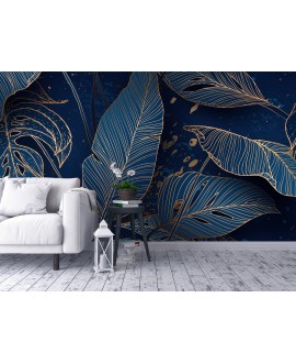Fototapeta 3D na ścianę  na wymiar  fizelinowa niebieskie liście złoto struktura dekor studiograf
