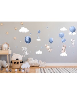 Naklejka na ścianę dla dzieci króliczki króliki balony chmurki gwiazdki niebieskie studiograf