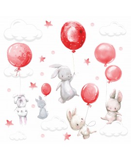 Naklejka na ścianę dla dzieci króliczki króliki balony chmurki gwiazdki czerwone studiograf