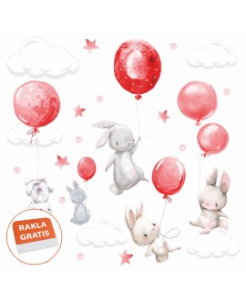 Naklejka na ścianę dla dzieci króliczki króliki balony chmurki gwiazdki czerwone studiograf