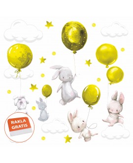 Naklejka na ścianę dla dzieci króliczki króliki balony chmurki gwiazdki żółte studiograf