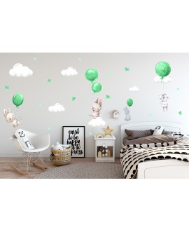 Naklejka na ścianę dla dzieci króliczki króliki balony chmurki gwiazdki zielone studiograf