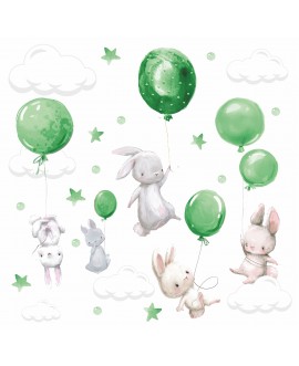Naklejka na ścianę dla dzieci króliczki króliki balony chmurki gwiazdki zielone studiograf