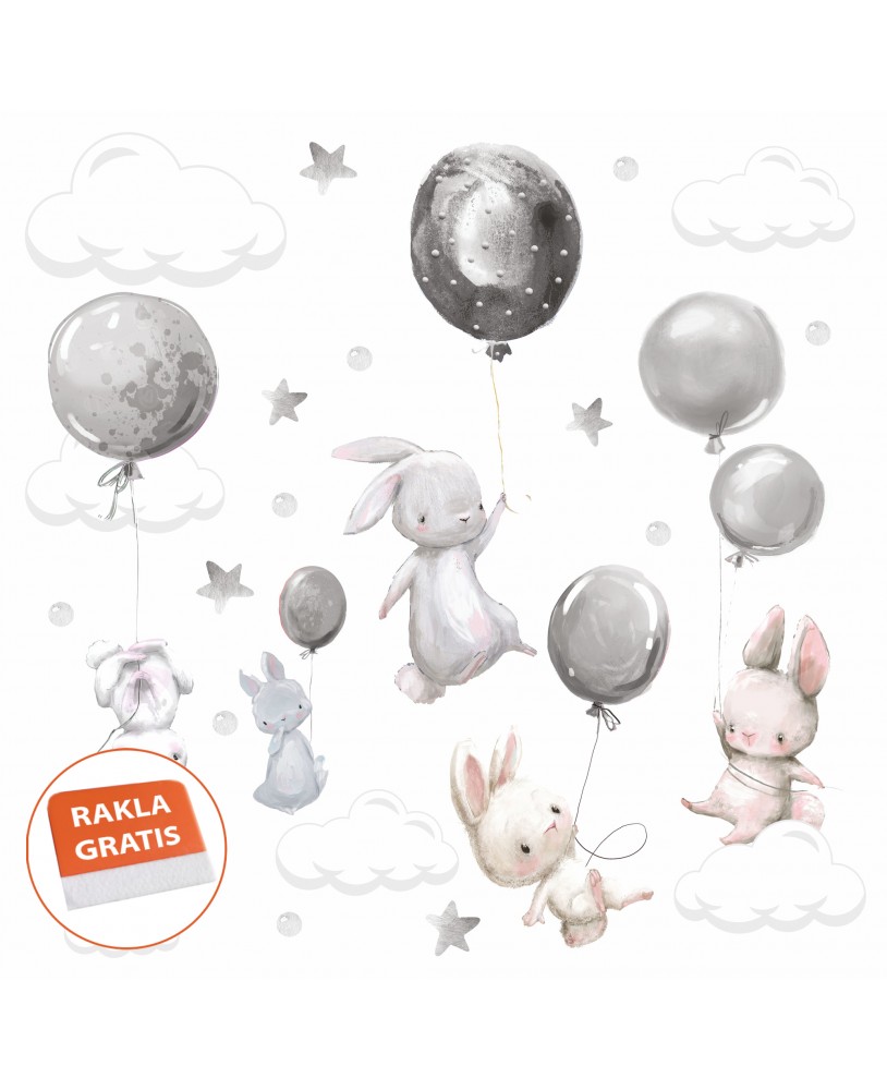 Naklejka na ścianę dla dzieci króliczki króliki balony chmurki gwiazdki szare studiograf