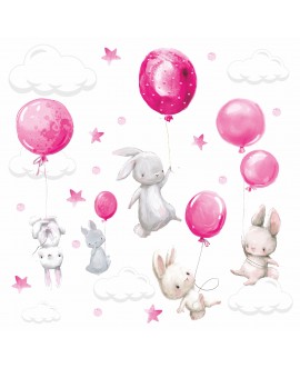 Naklejka na ścianę dla dzieci króliczki króliki balony chmurki gwiazdki różowe studiograf