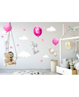Naklejka na ścianę dla dzieci króliczki króliki balony chmurki gwiazdki różowe studiograf
