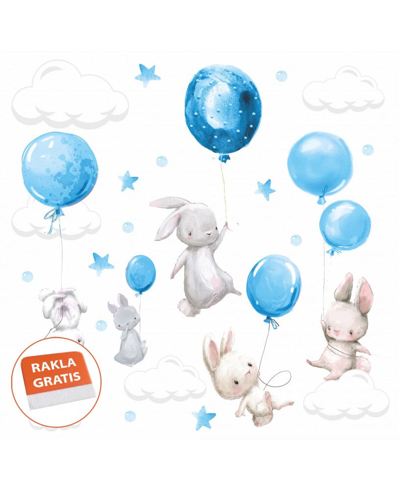 Naklejka na ścianę dla dzieci króliczki króliki balony chmurki gwiazdki niebieskie studiograf