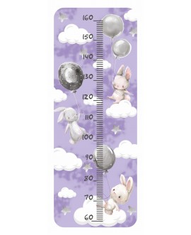 Naklejka na ścianę miarka wzrostu dla dzieci króliczki króliki balony chmurki gwiazdki fioletowe studiograf