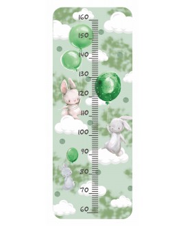 Naklejka na ścianę miarka wzrostu dla dzieci króliczki króliki balony chmurki gwiazdki zielone studiograf