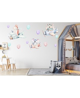 Naklejka na ścianę dla dzieci zwierzątka samoloty kolorowe balony studiograf