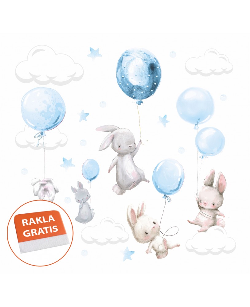 Naklejka na ścianę dla dzieci króliczki balony błękitne słodkie naklejki dla dzieci błękitnie pastelowe niebieskie studi