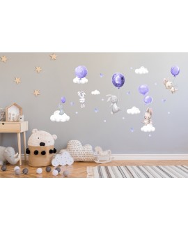 Naklejka na ścianę dla dzieci króliczki balony słodkie pastelowy fioletowy liliowy naklejki studiograf