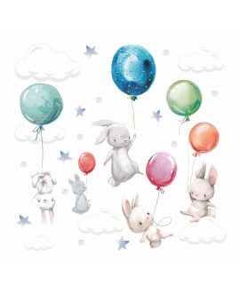 Naklejka na ścianę dla dzieci króliczki słodkie kolorowe balony baloniki naklejki studiograf