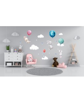 Naklejka na ścianę dla dzieci króliczki słodkie kolorowe balony baloniki naklejki studiograf