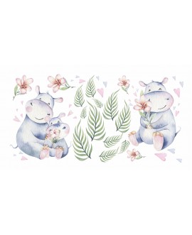 Naklejka na ścianę dla dzieci hipopotamy słodkie zwierzątka naklejki pastelowe kwiatki studiograf