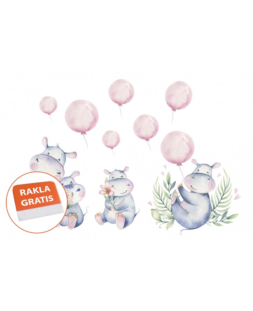 Naklejka na ścianę dla dzieci hipopotamy słodkie naklejki pastelowe baloniki balony studiograf