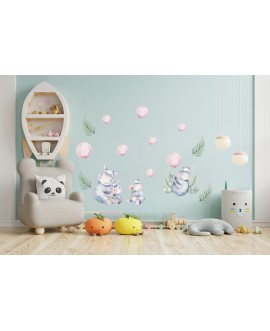 Naklejka na ścianę dla dzieci hipopotamy słodkie naklejki pastelowe baloniki balony studiograf