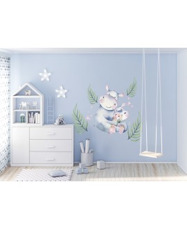 Naklejka na ścianę dla dzieci hipopotamy serduszka słodkie pastelowe naklejki liście studiograf