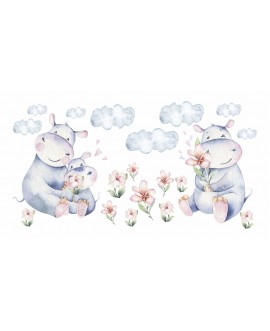 Naklejka na ścianę dla dzieci hipopotamy słodkie pastelowe naklejki chmurki kwiatki studiograf