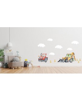 Naklejka na ścianę dla dzieci koparka gruszka dźwig traktor pachołki chmurki naklejki studiograf