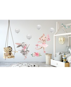 Naklejka na ścianę dla dzieci króliczki kot baletnice słodkie pastelowe naklejki baloniki studiograf