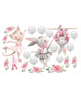 Naklejka na ścianę dla dzieci króliczki kot baletnice słodkie pastelowe naklejki baloniki studiograf