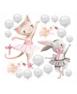 Naklejka na ścianę dla dzieci słodkie  pastelowe naklejki króliczki królik kot kotek baletnice baloniki studiograf