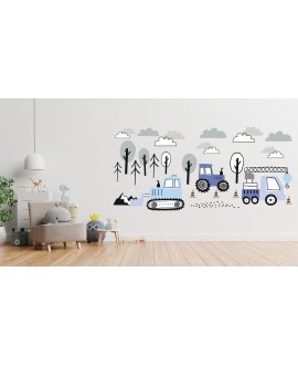 Naklejka na ścianę dla dzieci koparka traktor dźwig spychacz pastelowe naklejki samoprzylepne chmurki drzewa studiograf
