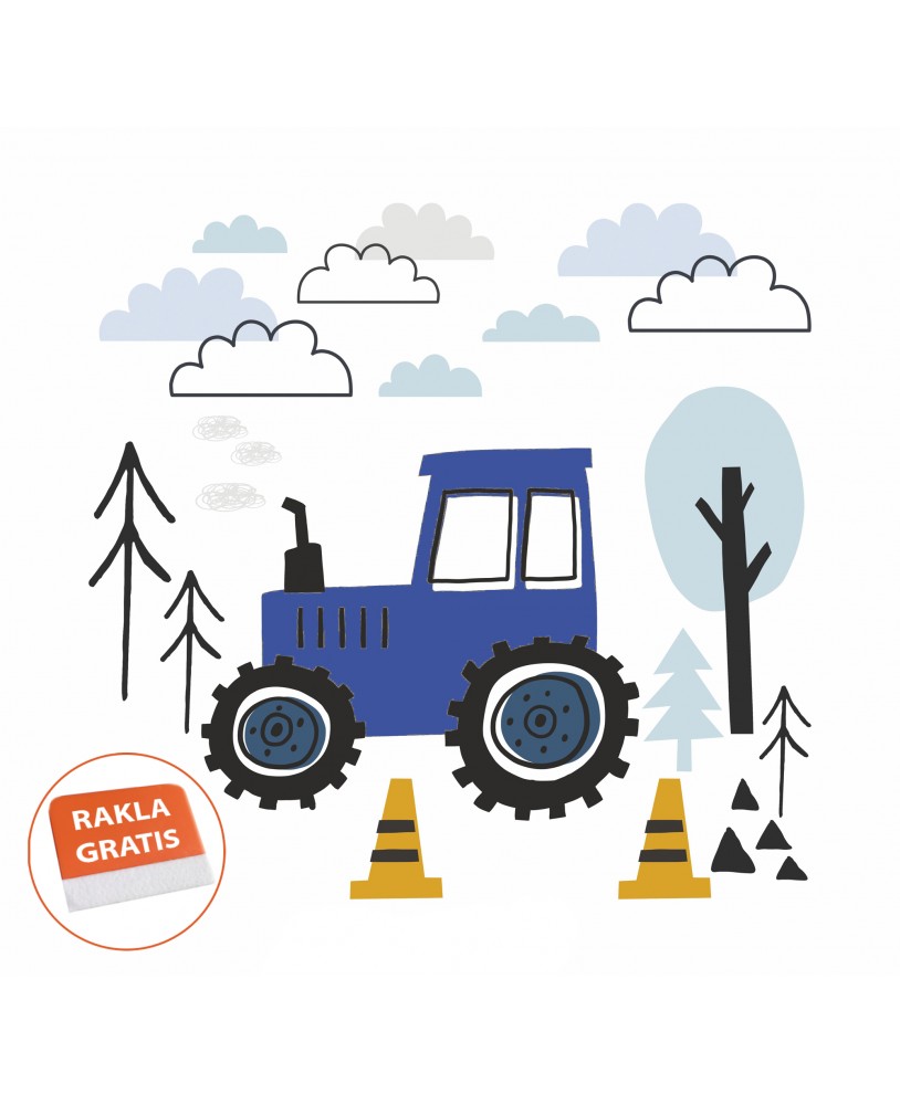 Naklejka na ścianę dla dzieci samoprzylepna naklejki traktor drzewa chmurki zielony niebieski czerwony fioletowy studiograf