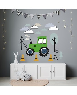 Naklejka na ścianę dla dzieci samoprzylepna naklejki traktor drzewa chmurki zielony niebieski czerwony fioletowy studiograf