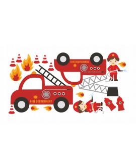 Naklejka na ścianę dla dzieci naklejki straż pożarna strażacy zawody wóz strażacki płomienie studiograf