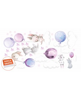 Naklejka na ścianę dla dzieci urocze pastelowe naklejki króliczki króliki baloniki balony różowo fioletowe studiograf