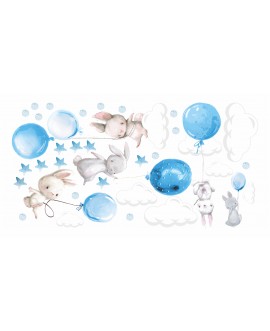Naklejka na ścianę dla dzieci urocze pastelowe naklejki króliczki króliki baloniki balony niebieskie studiograf