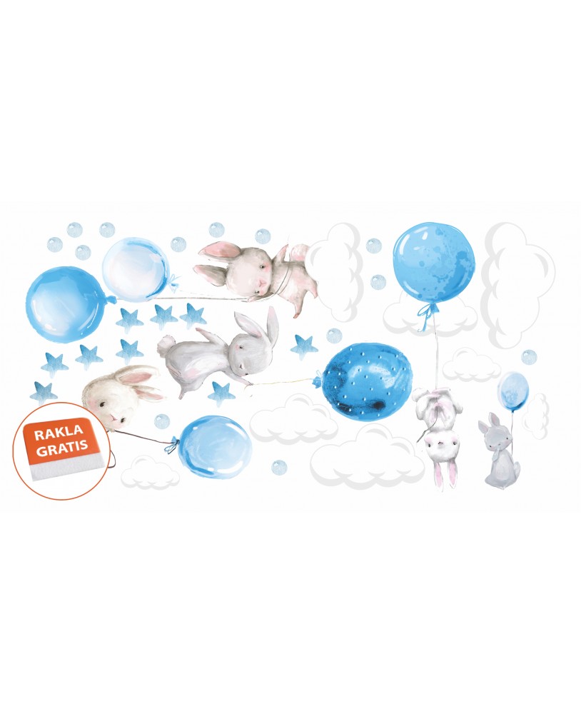 Naklejka na ścianę dla dzieci urocze pastelowe naklejki króliczki króliki baloniki balony niebieskie studiograf